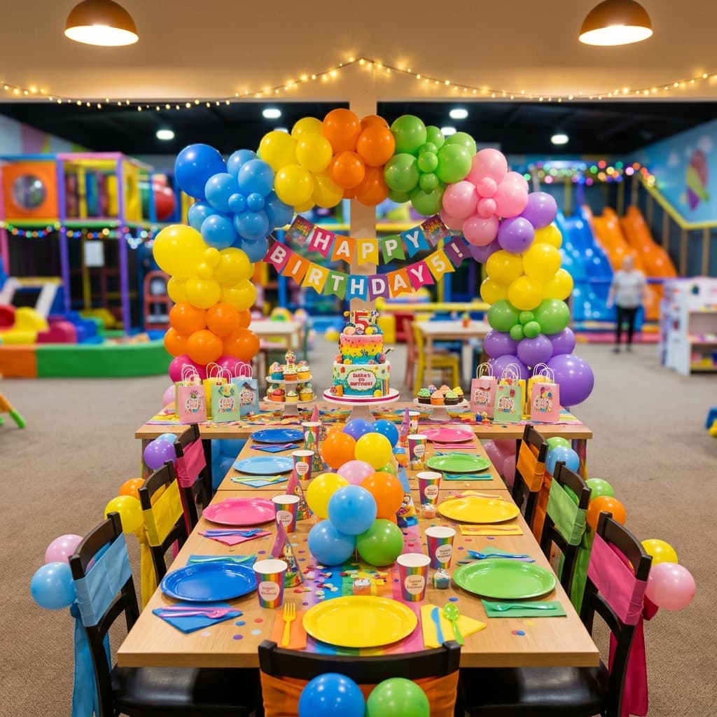 Beautifully decorated kids birthday party banquet table inside a fun indoor amusement center