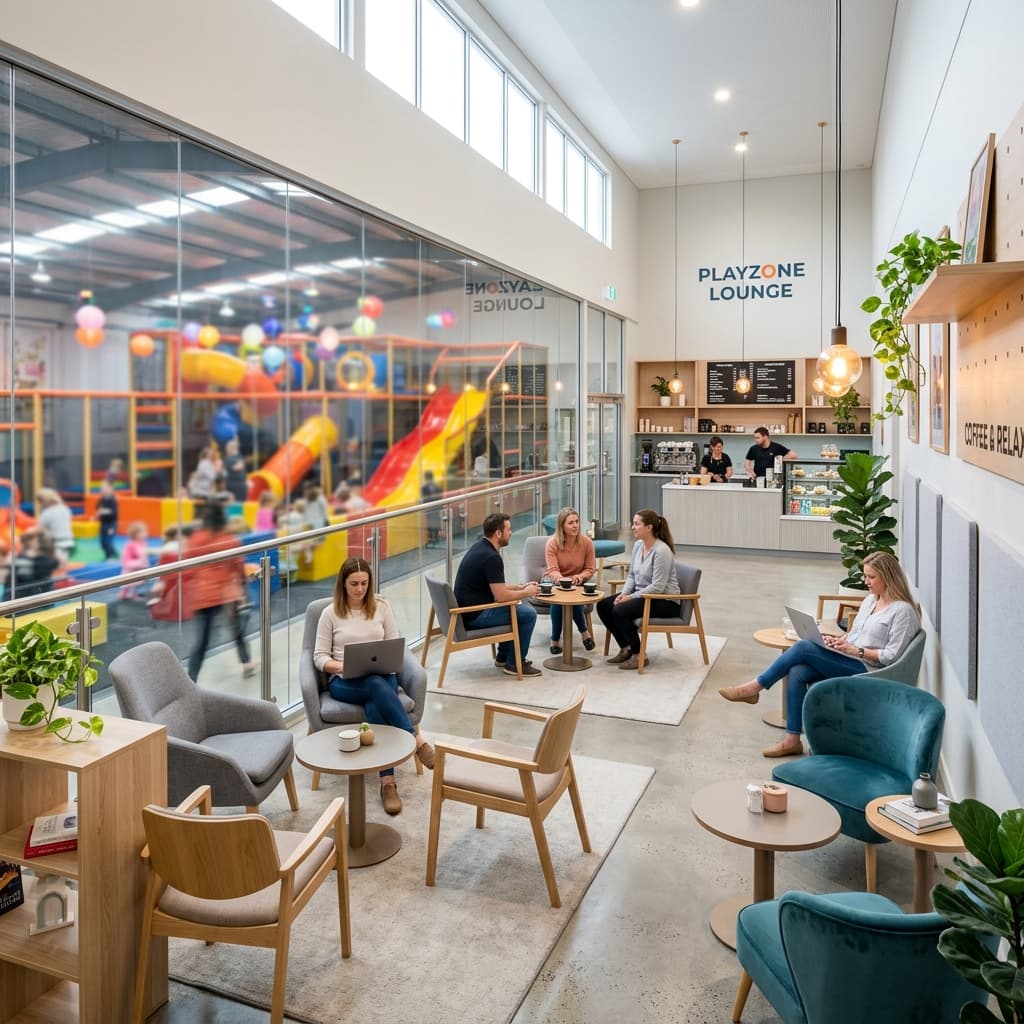 Comfortable air-conditioned parent seating lounge with snacks, overlooking the children's play area